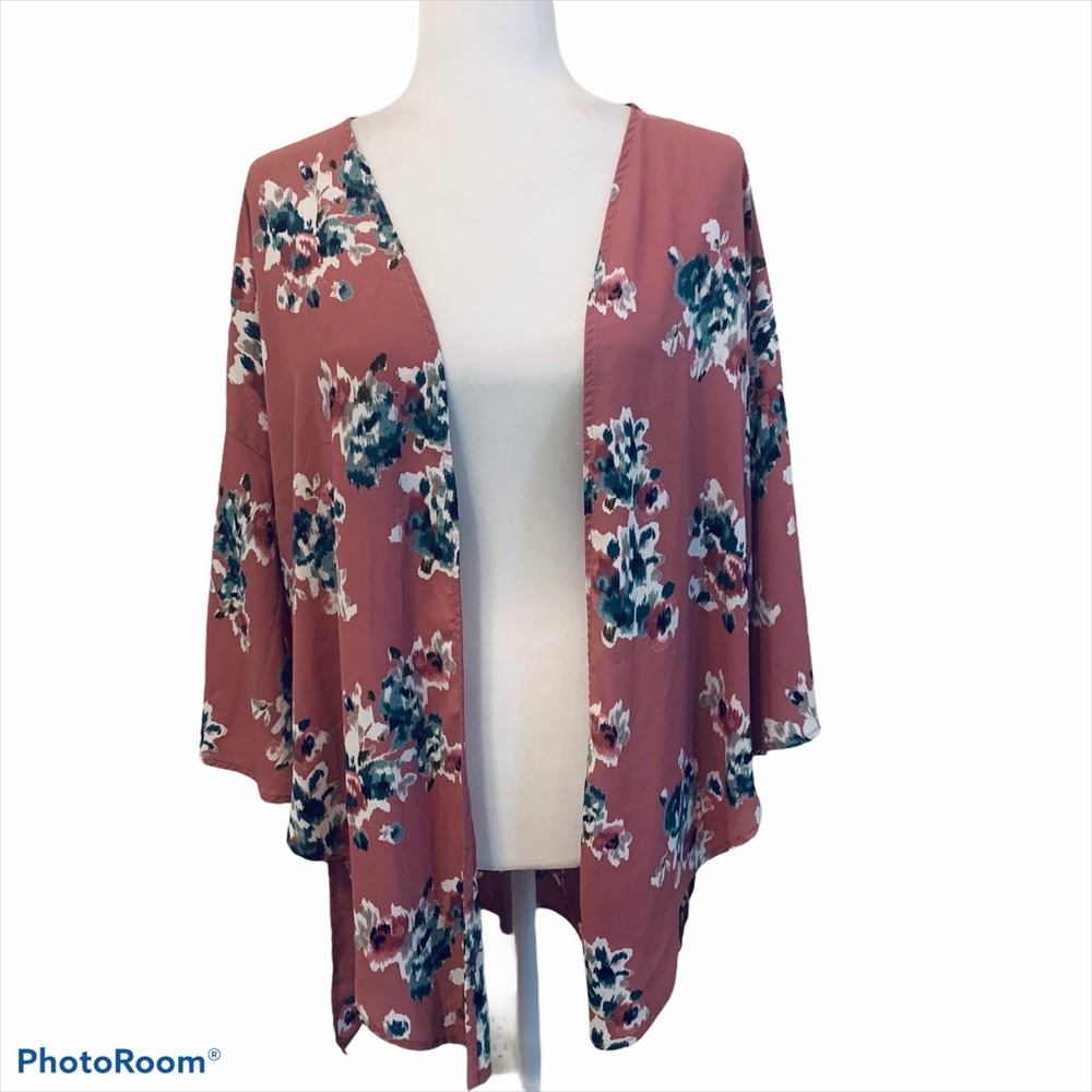 Peach Love California Floral Open Front Kimono Sz S